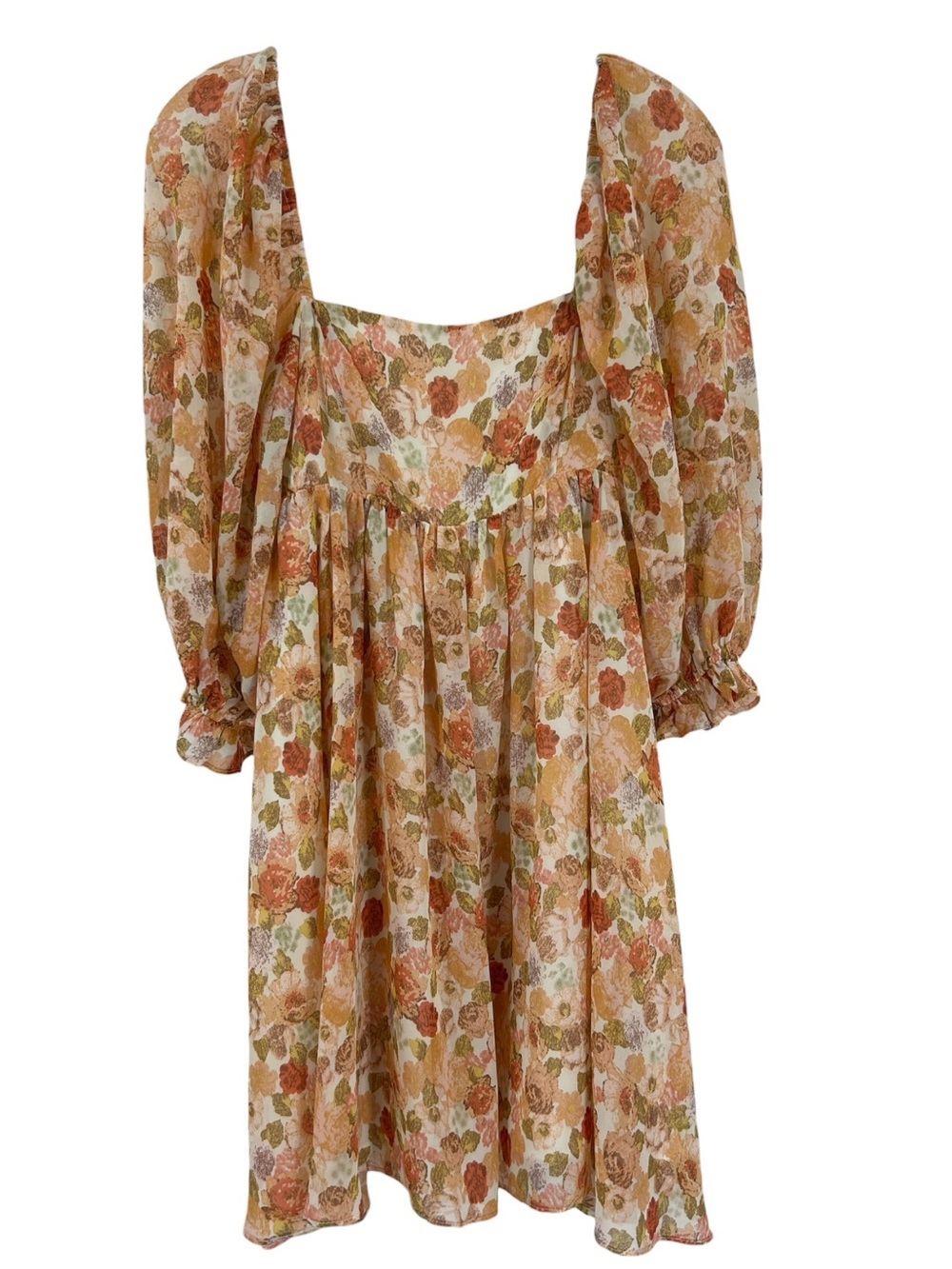 NWT’S Stories Orange Floral Babydoll Puff Sleeve Mini Lined Dress SZ S - Picture 2 of 8